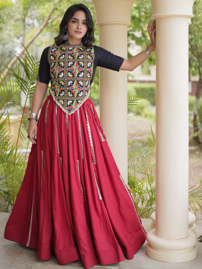 Stunning Maroon Gota Laced Rayon Navratri Wear Lehenga With Blouse
