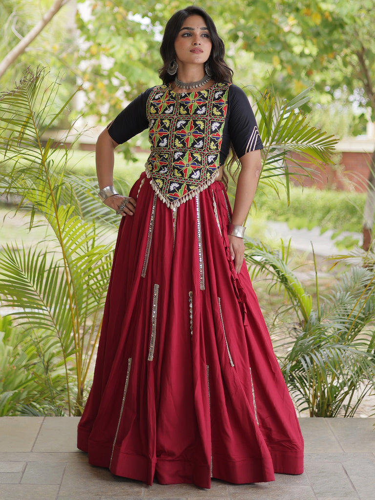 Stunning Maroon Gota Laced Rayon Navratri Wear Lehenga With Blouse