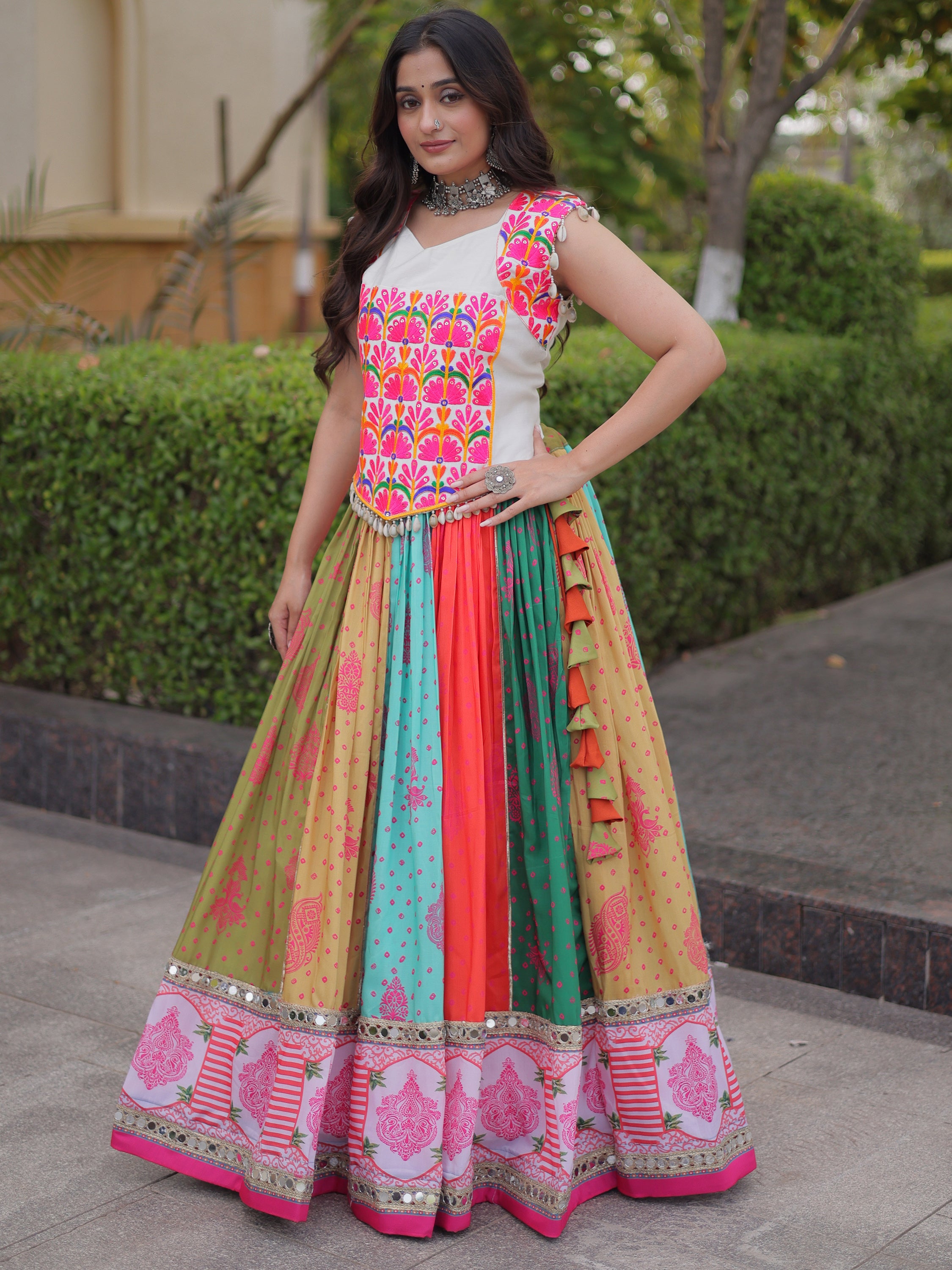 Lovely Multi-Color Cotton Navratri Wear Lehenga With Gamthi Work Choli