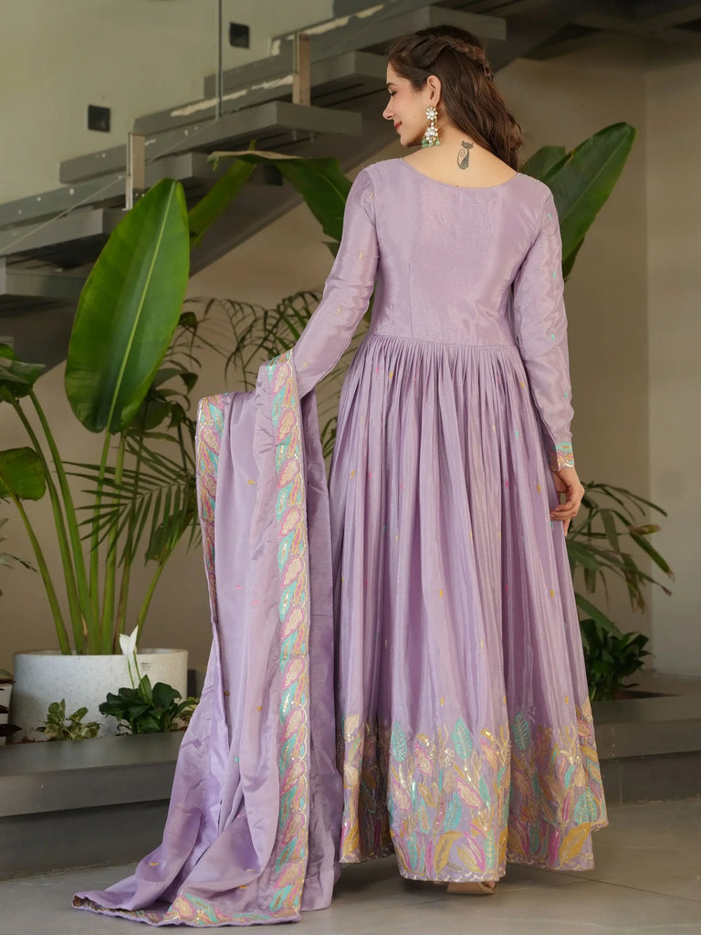 Adorning Lavender Sequins Embroidered Chinon Gown With Dupatta