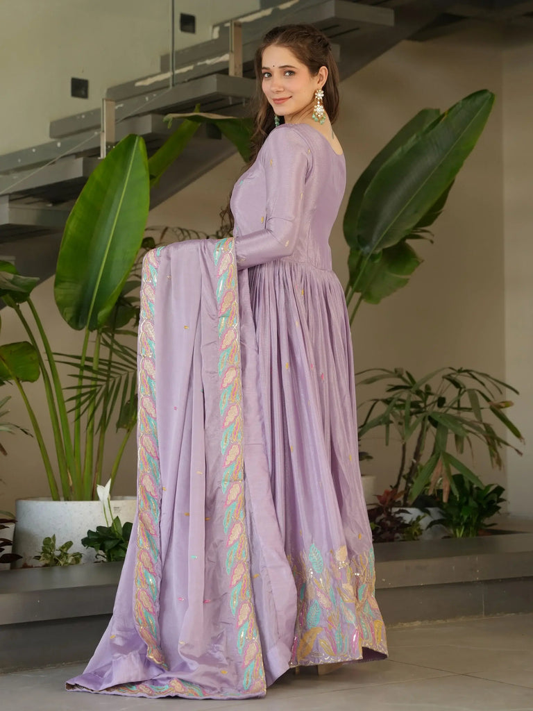 Adorning Lavender Sequins Embroidered Chinon Gown With Dupatta