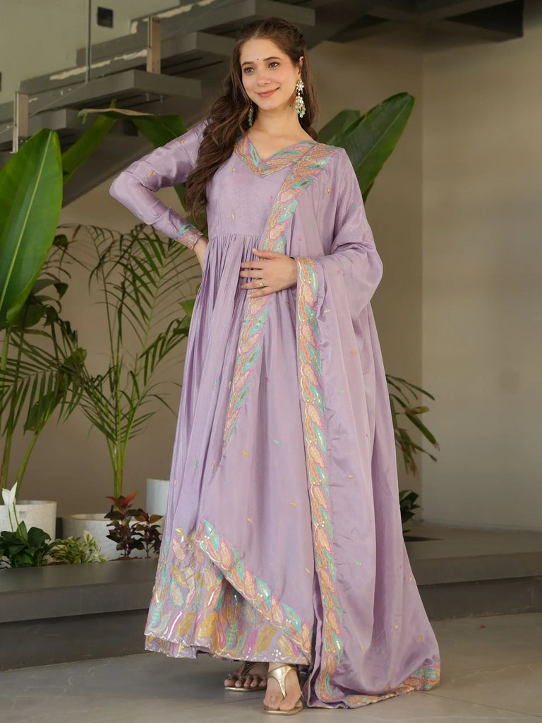 Adorning Lavender Sequins Embroidered Chinon Gown With Dupatta