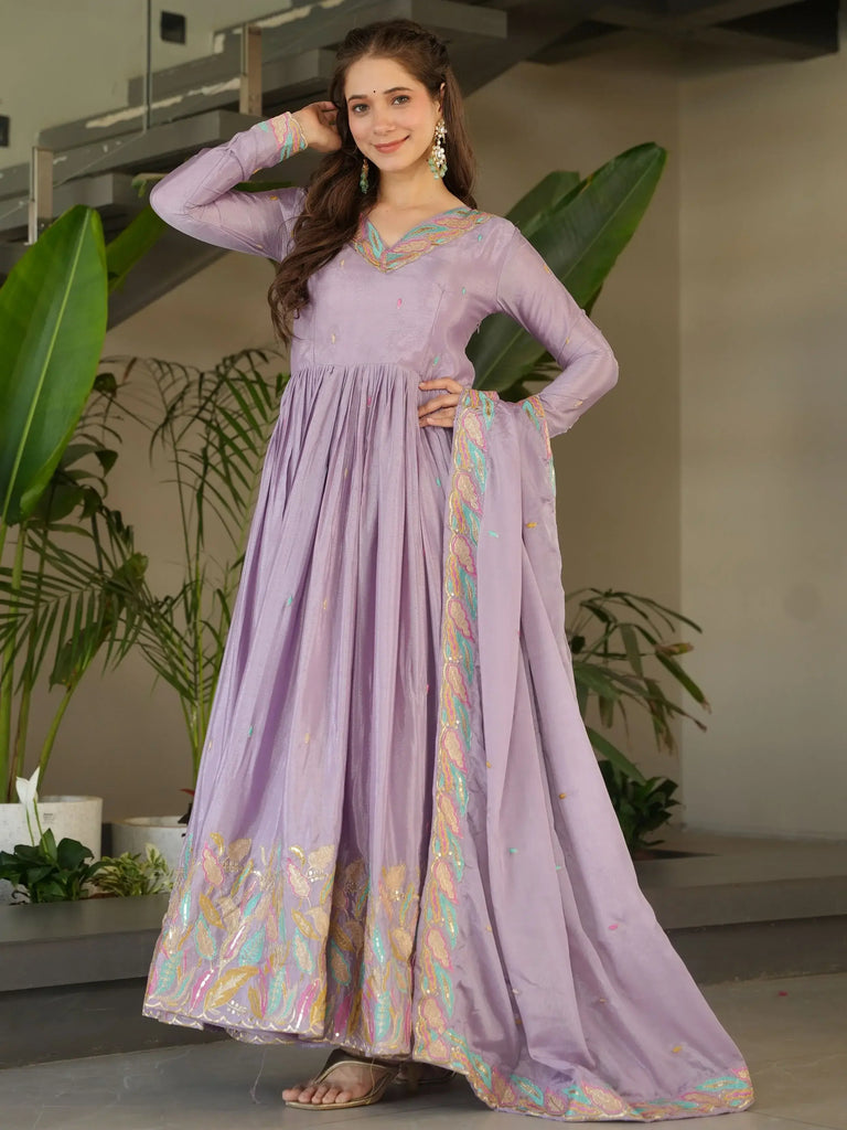 Adorning Lavender Sequins Embroidered Chinon Gown With Dupatta
