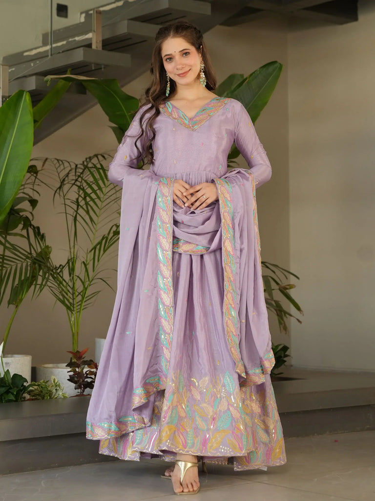 Adorning Lavender Sequins Embroidered Chinon Gown With Dupatta