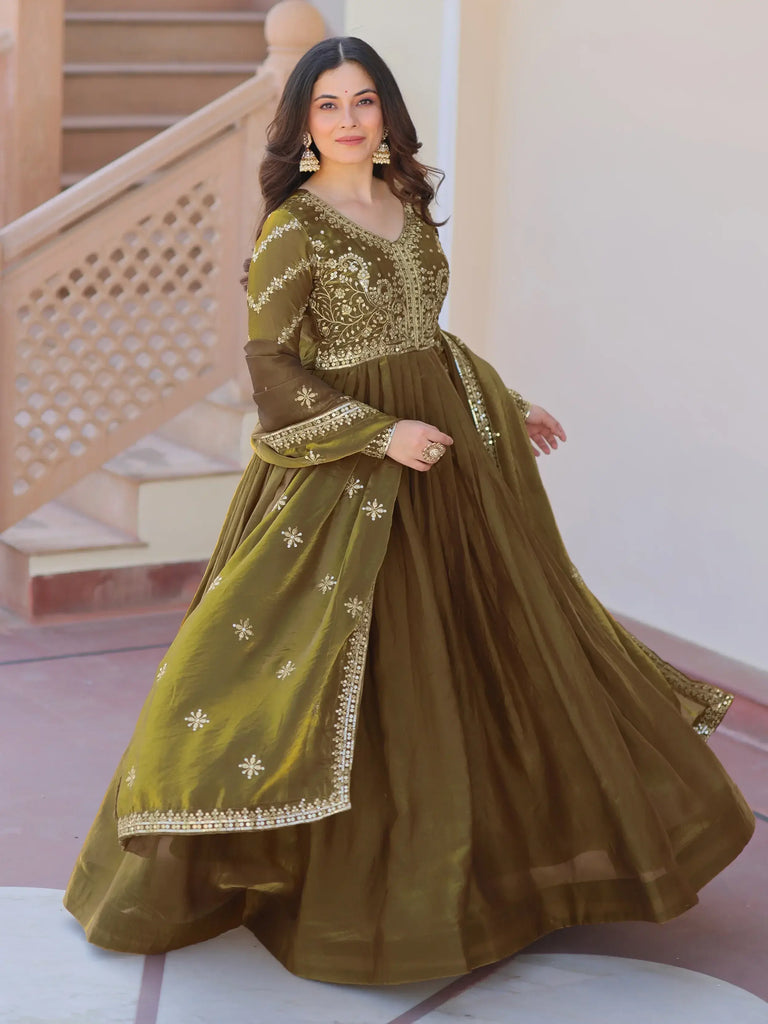Memorable Mehendi Green Sequins Embroidery Organza Festive Wear Gown