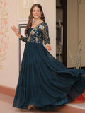 Beautiful Rama Green Sequins Embroidered Festival Wear Gown