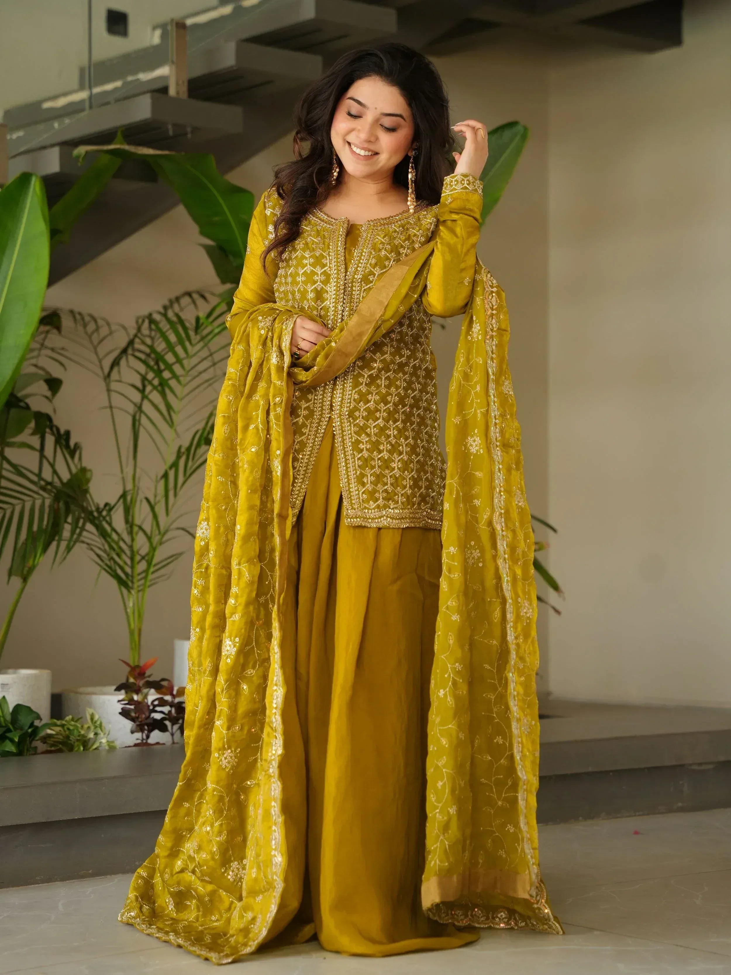 Yellow embroidered salwar kameez with dupatta, Indian ethnic wear for women