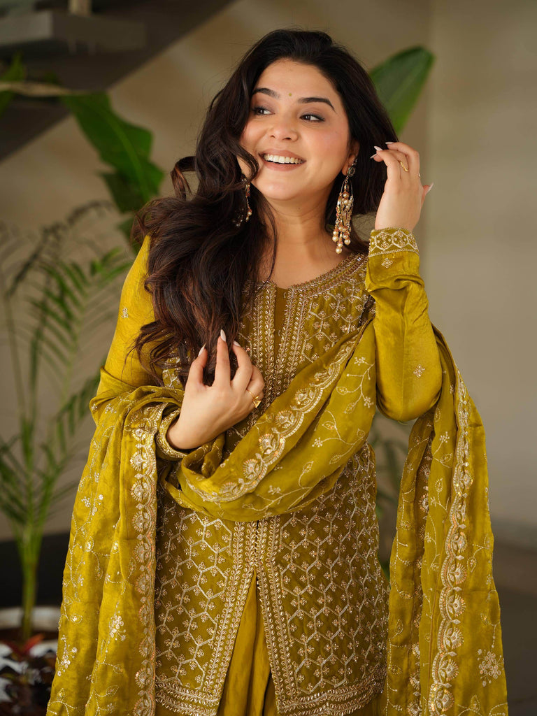 Glamorous Mehendi Silk Beads Embroidered Sharara Suit With Dupatta