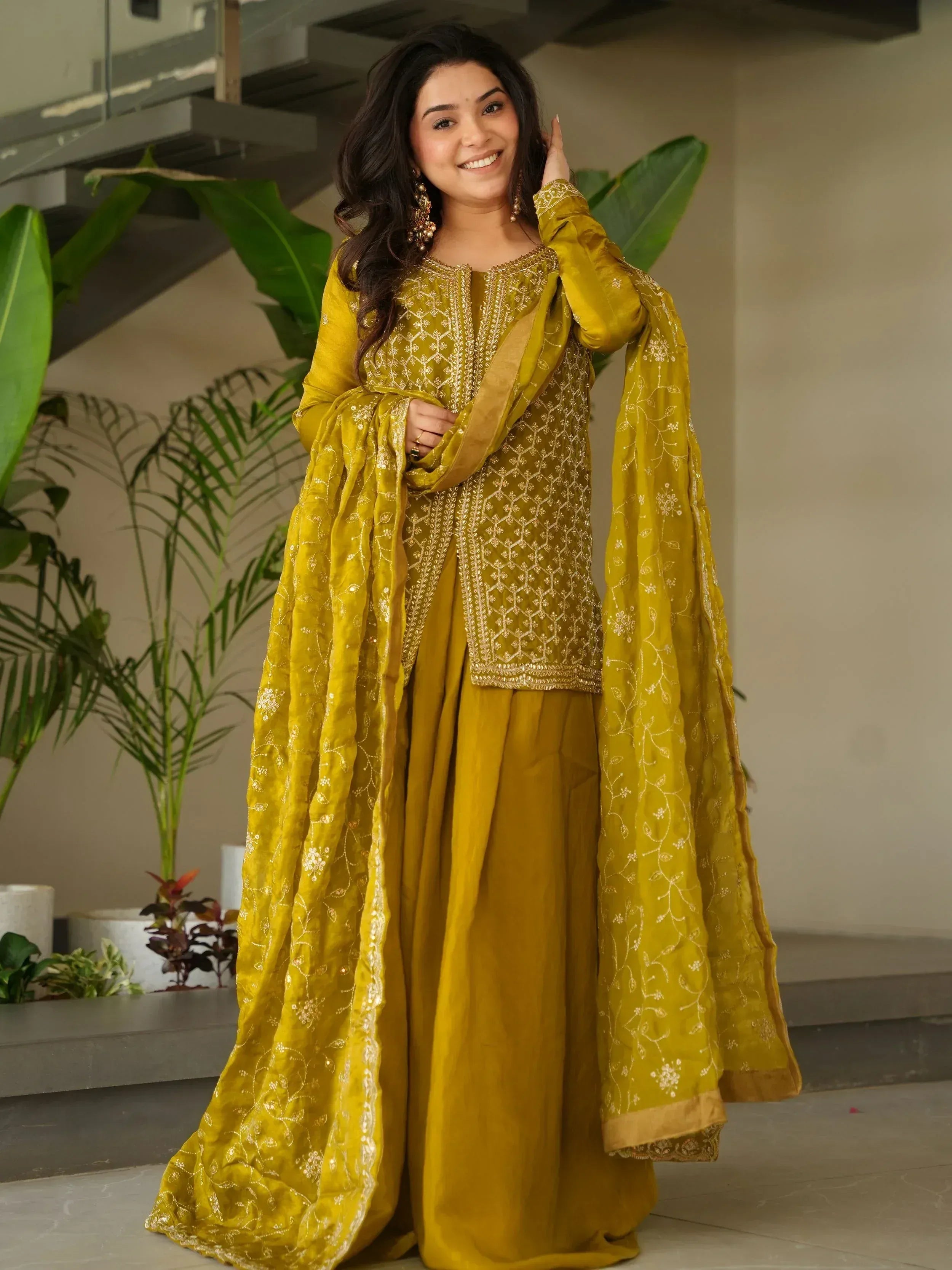 Mustard yellow embroidered salwar kameez with matching dupatta, ideal for Indian ethnic wear occasions