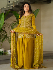 Glamorous Mehendi Silk Beads Embroidered Sharara Suit With Dupatta