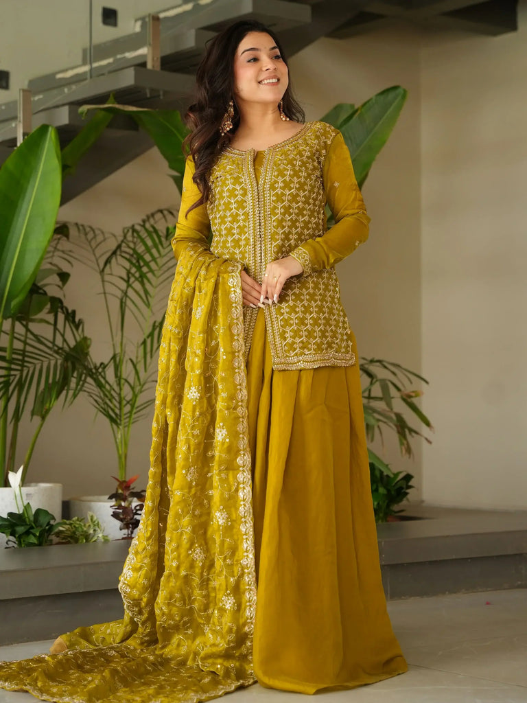 Glamorous Mehendi Silk Beads Embroidered Sharara Suit With Dupatta