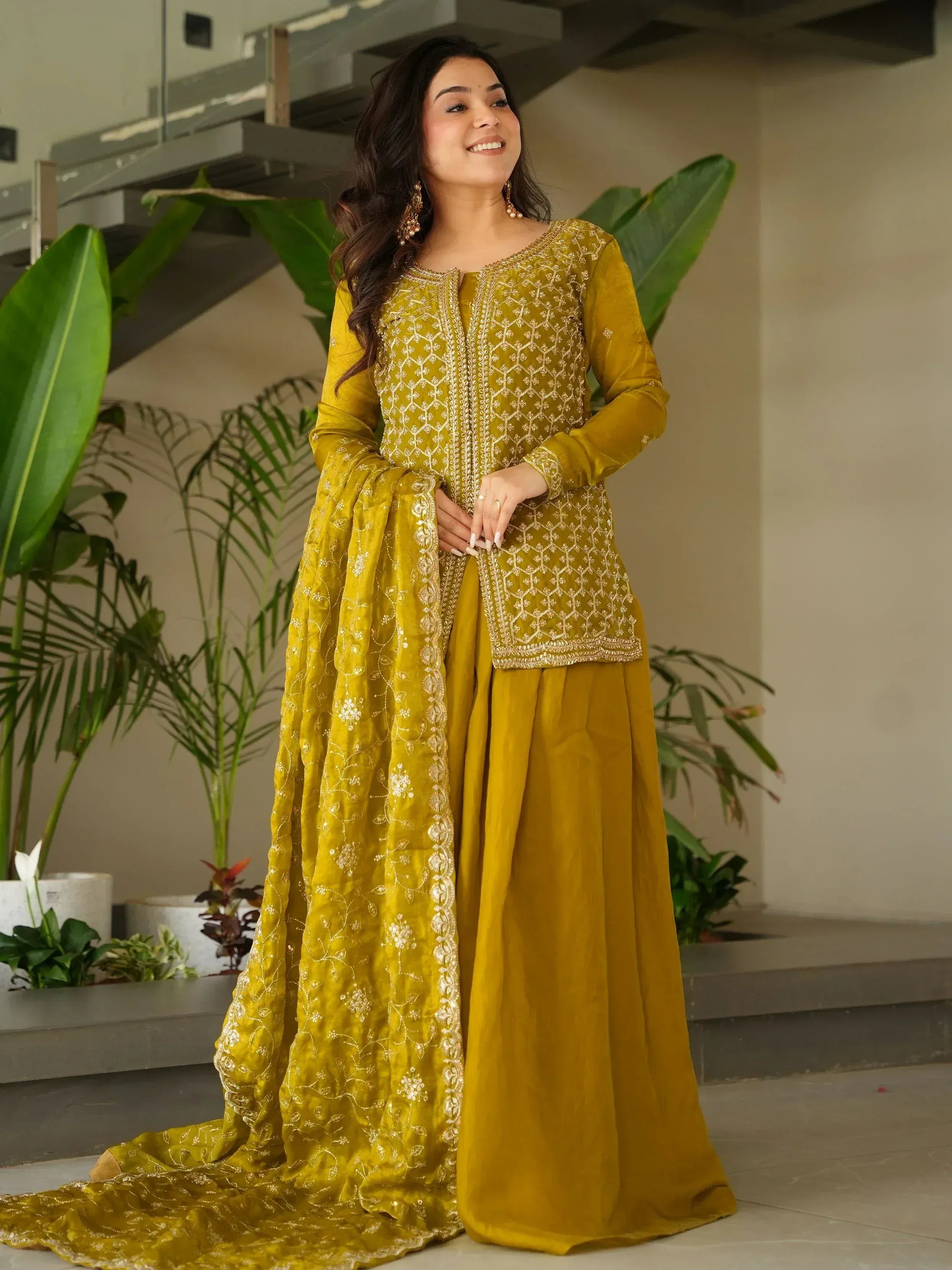 Mustard yellow embroidered salwar kameez with dupatta, Indian ethnic wear for women