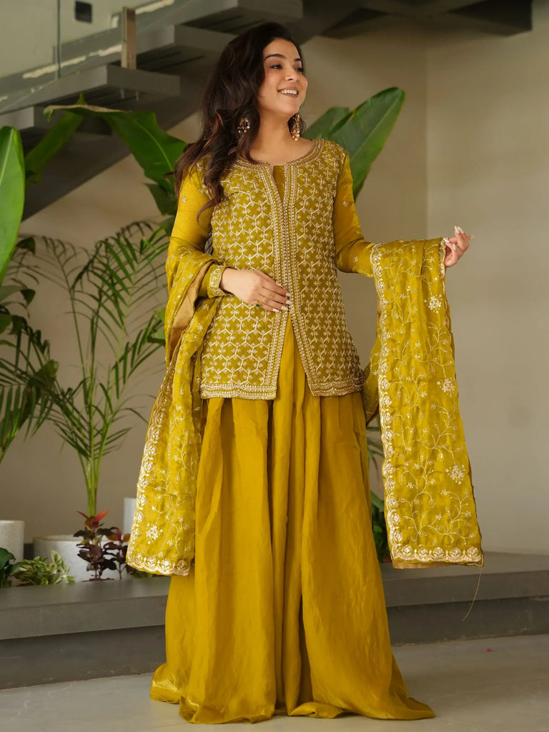Glamorous Mehendi Silk Beads Embroidered Sharara Suit With Dupatta