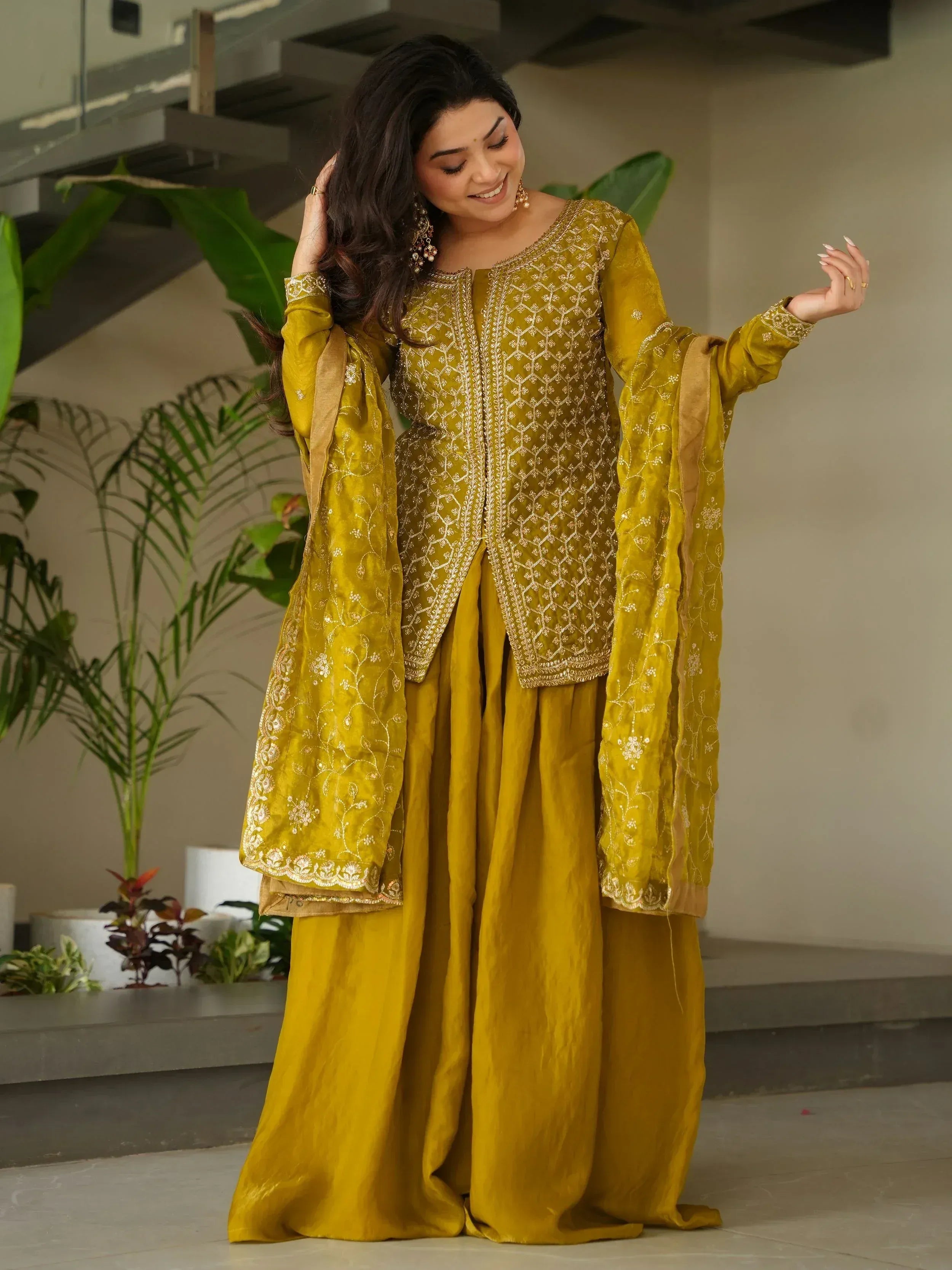 Mustard yellow embroidered salwar kameez with flared pants and dupatta, Indian ethnic wear