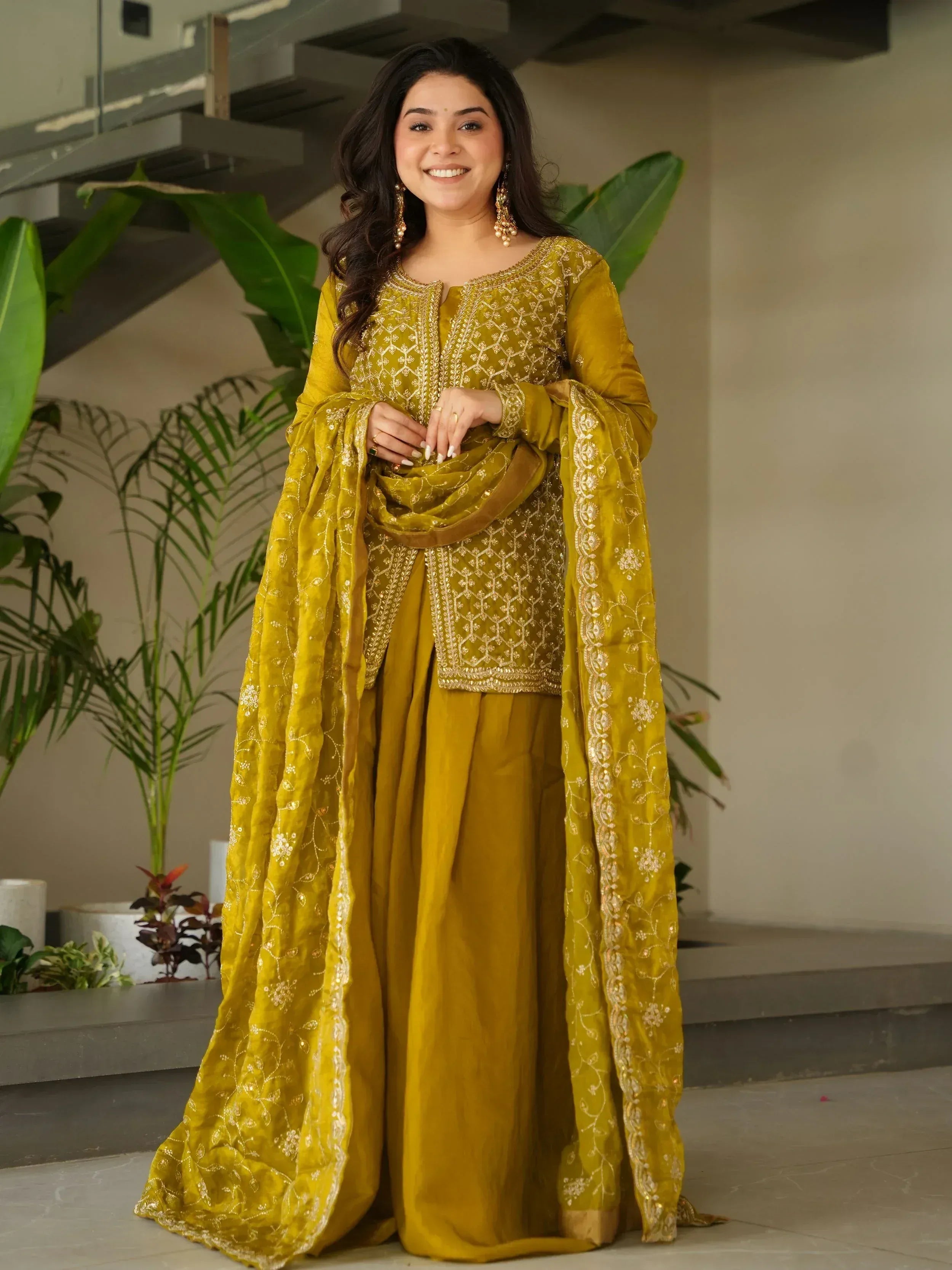 Elegant mustard yellow embroidered salwar kameez with floral dupatta for ethnic wear