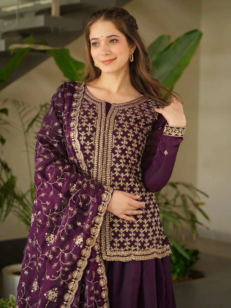 Gorgeous Wine Beads Embroidered Reception Wear Sharara Suit
