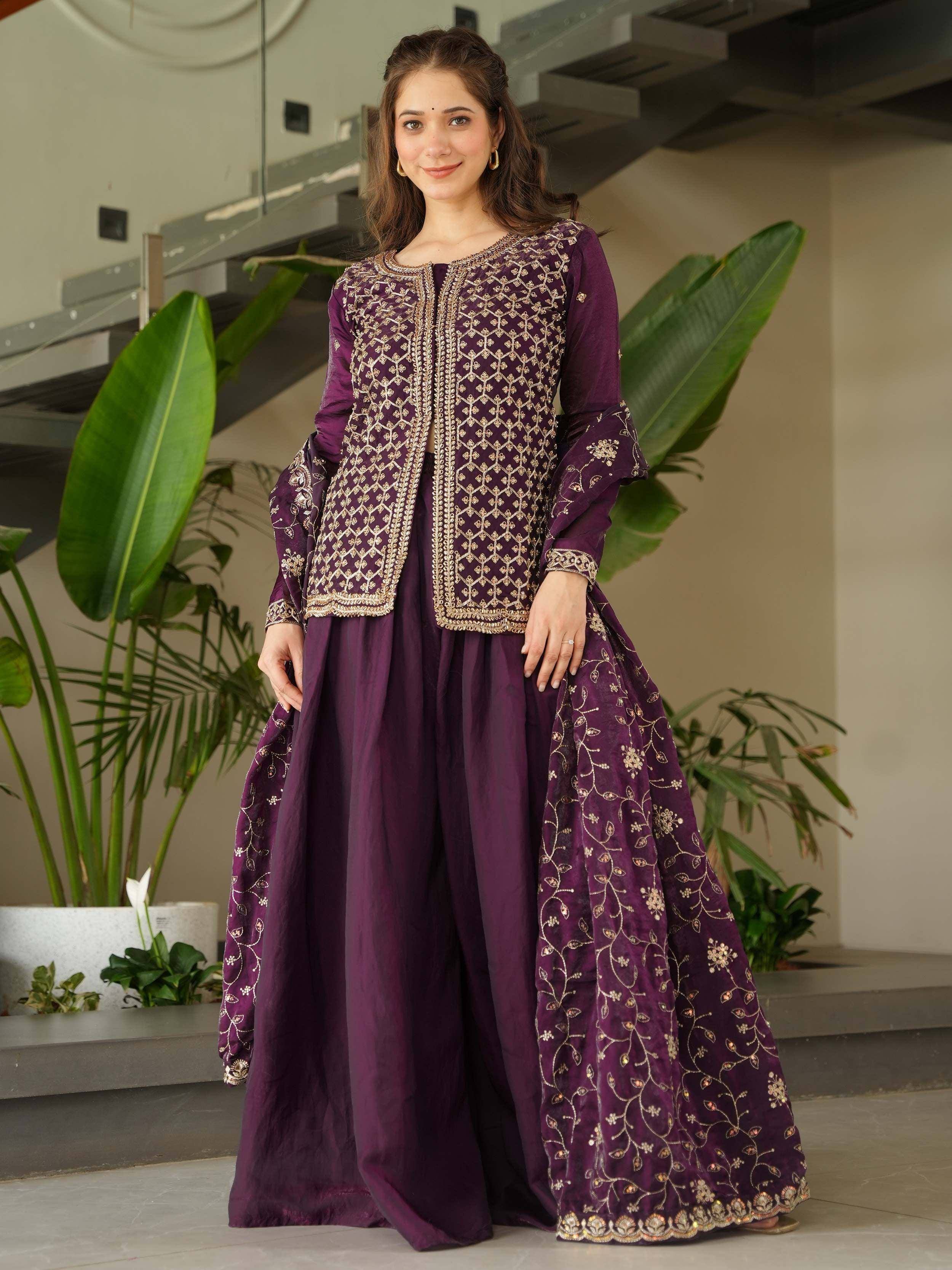 Purple embroidered ethnic anarkali suit with gold detailing, perfect for Indian festive occasions