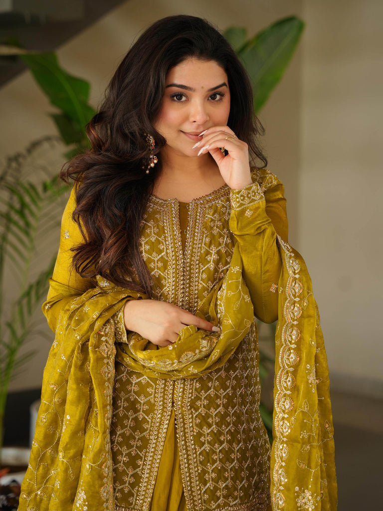 Glamorous Mehendi Silk Beads Embroidered Sharara Suit With Dupatta