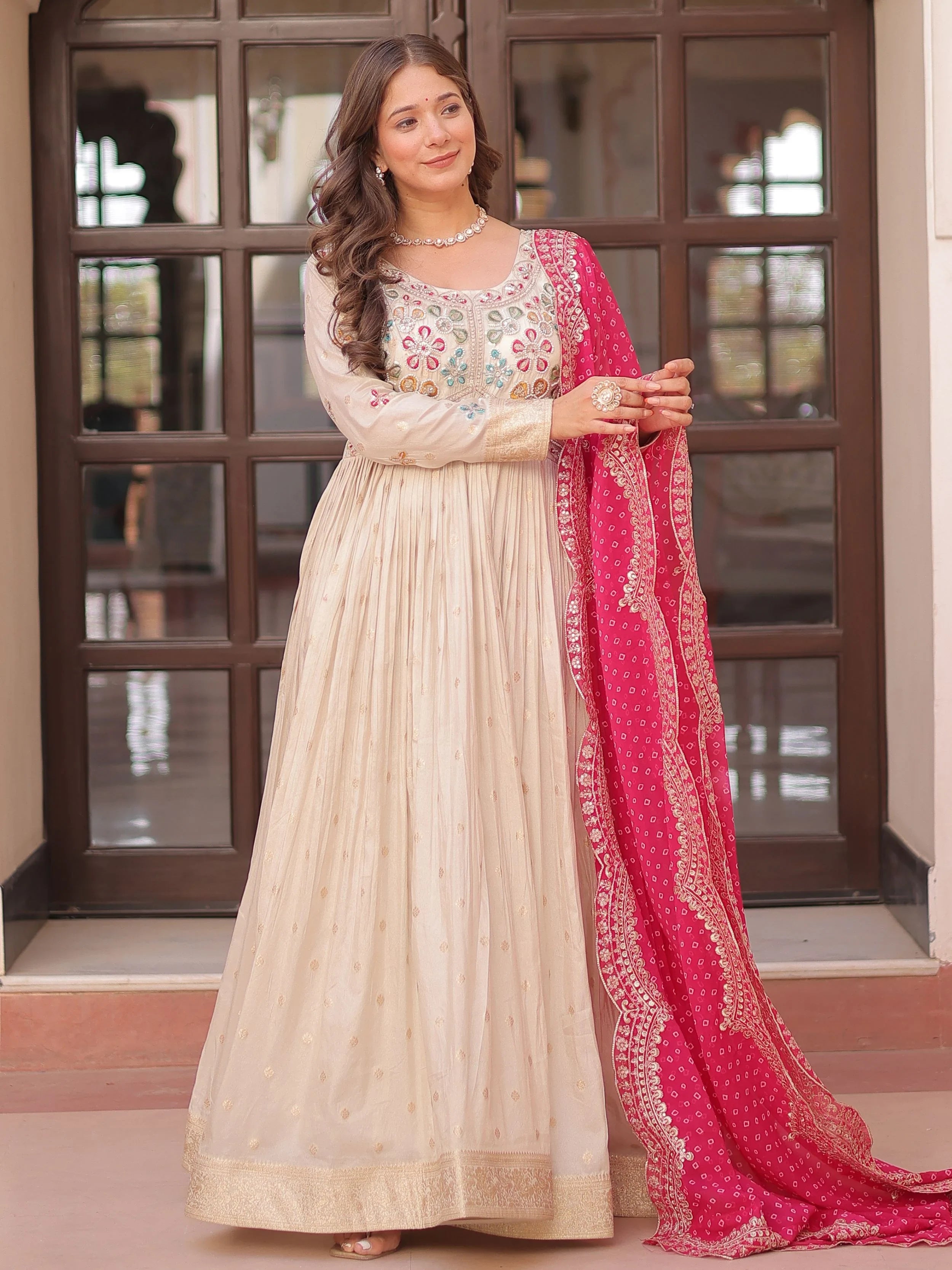 Delicate Cream Beads Work Gown With Bandhani Print Dupatta