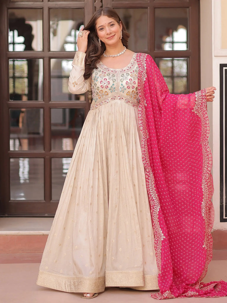 Delicate Cream Beads Work Gown With Bandhani Print Dupatta