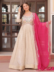 Delicate Cream Beads Work Gown With Bandhani Print Dupatta