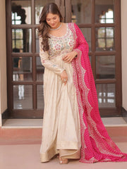 Delicate Cream Beads Work Gown With Bandhani Print Dupatta