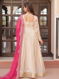 Delicate Cream Beads Work Gown With Bandhani Print Dupatta