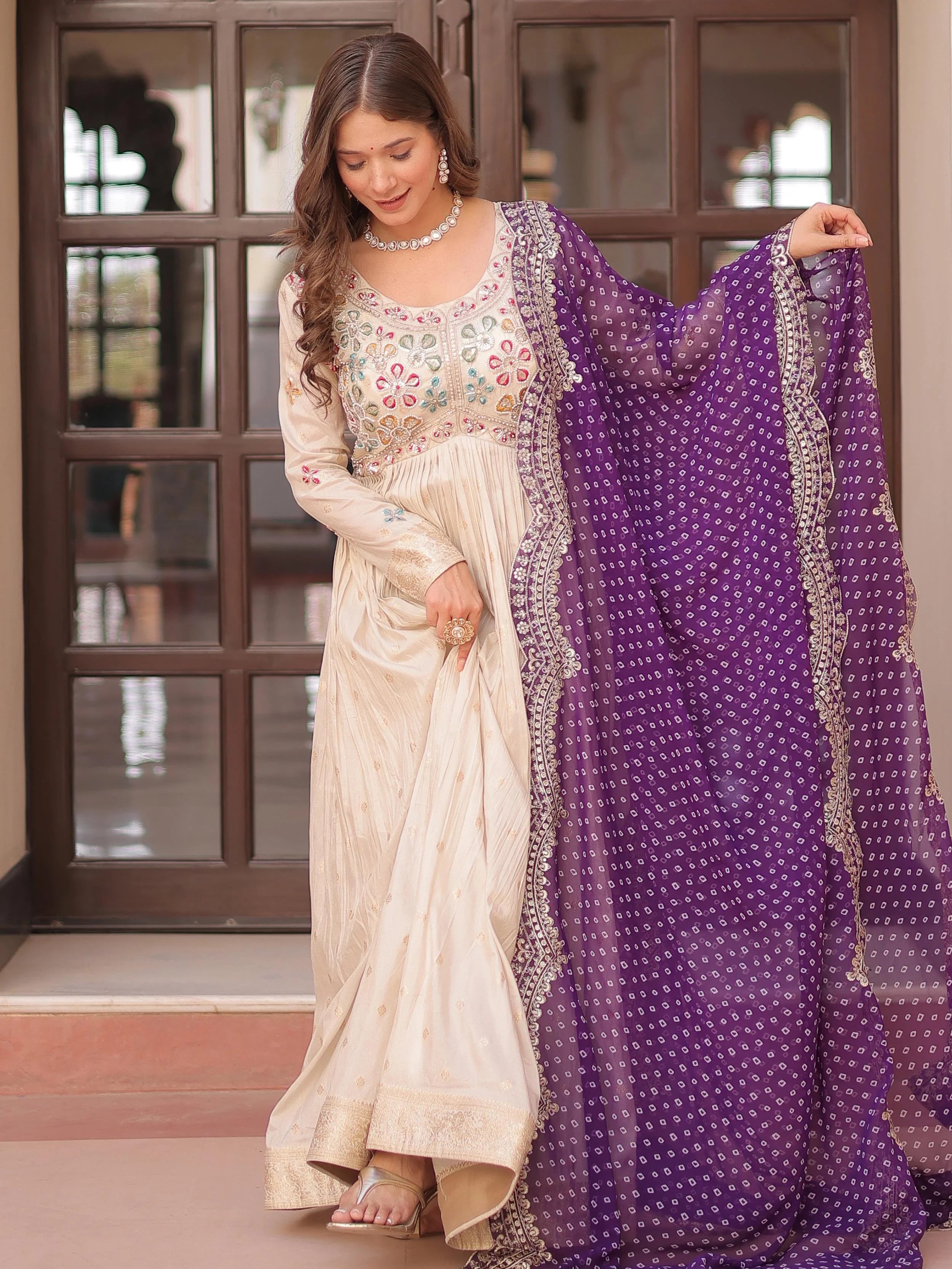 Chic Cream Embroidered Silk Gown With Bandhani Dupatta