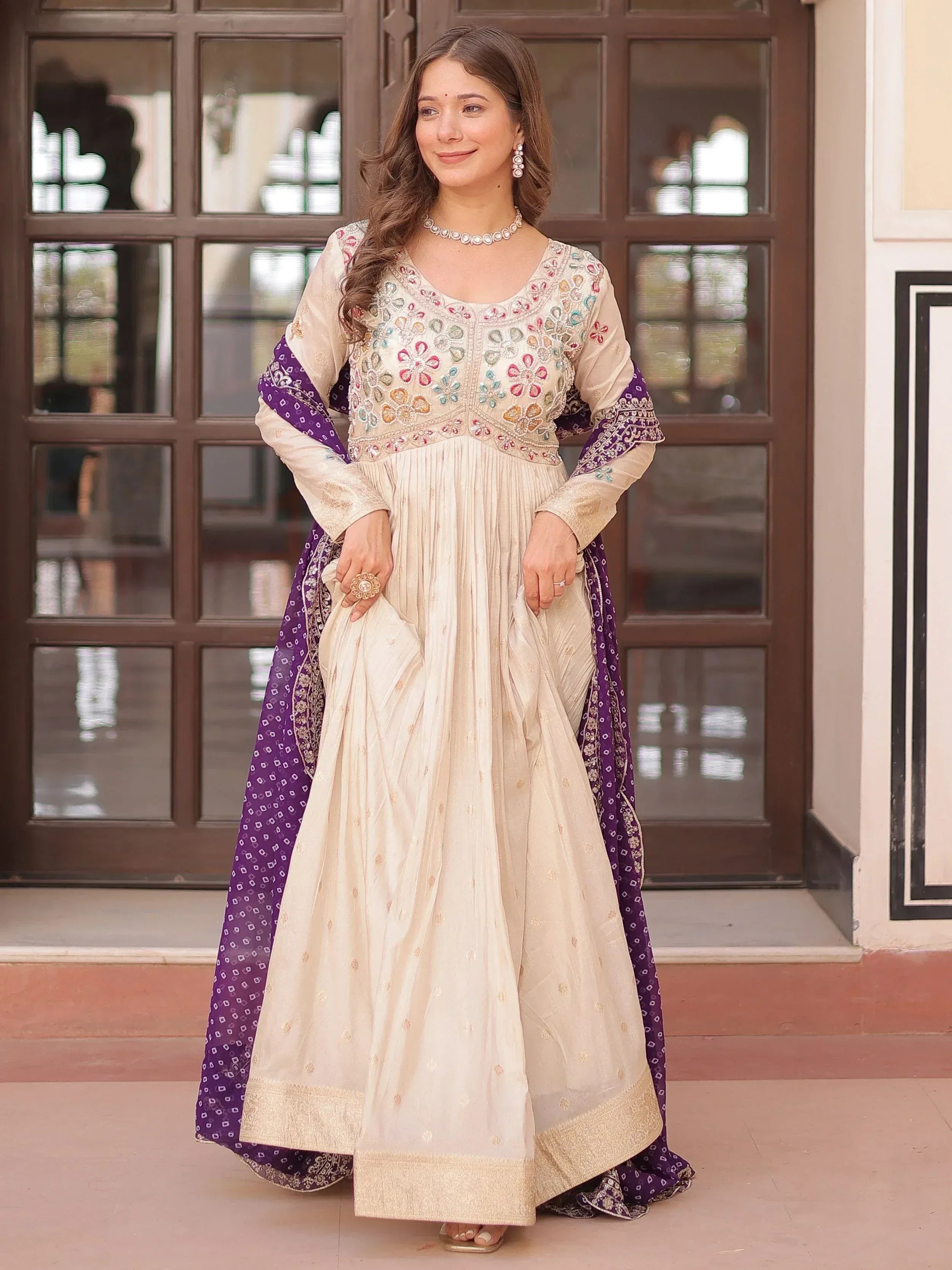 Cream embroidered anarkali with purple dupatta, Indian ethnic wear for women