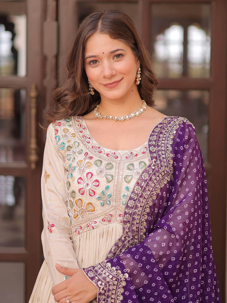 Chic Cream Embroidered Silk Gown With Bandhani Dupatta