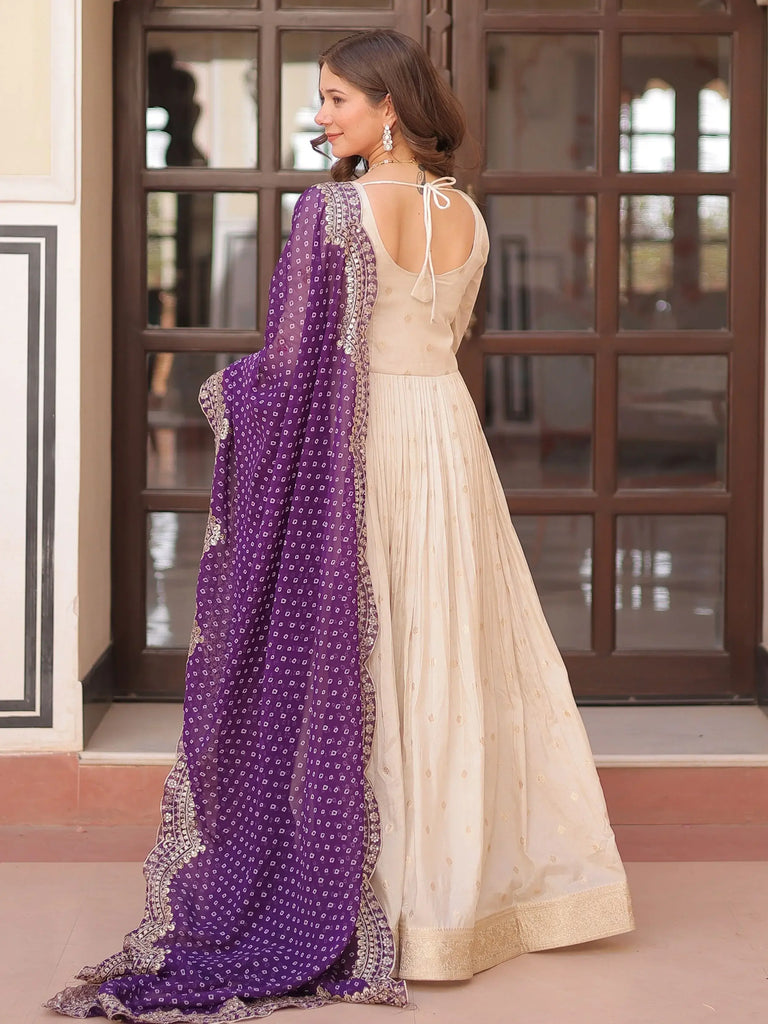 Chic Cream Embroidered Silk Gown With Bandhani Dupatta