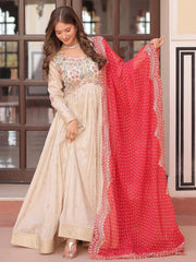 Charming Cream Silk Pearl Work Gown With Bandhani Dupatta