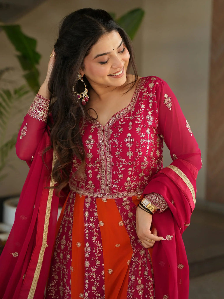 Adorable  Pink Georgette Sequins Embroidered Gown With Dupatta
