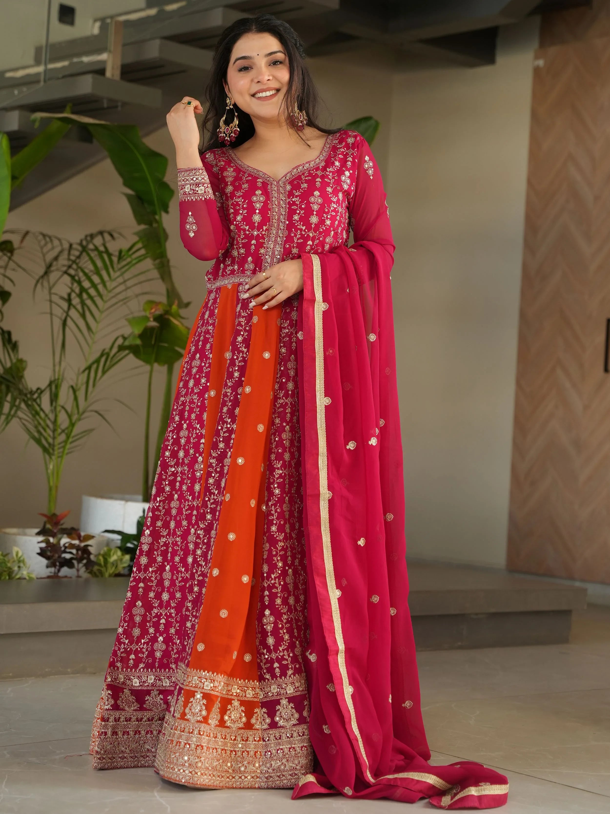 Adorable  Pink Georgette Sequins Embroidered Gown With Dupatta