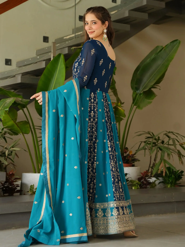 Gorgeous Rama Blue Georgette Zari Embroidered Gown With Dupatta
