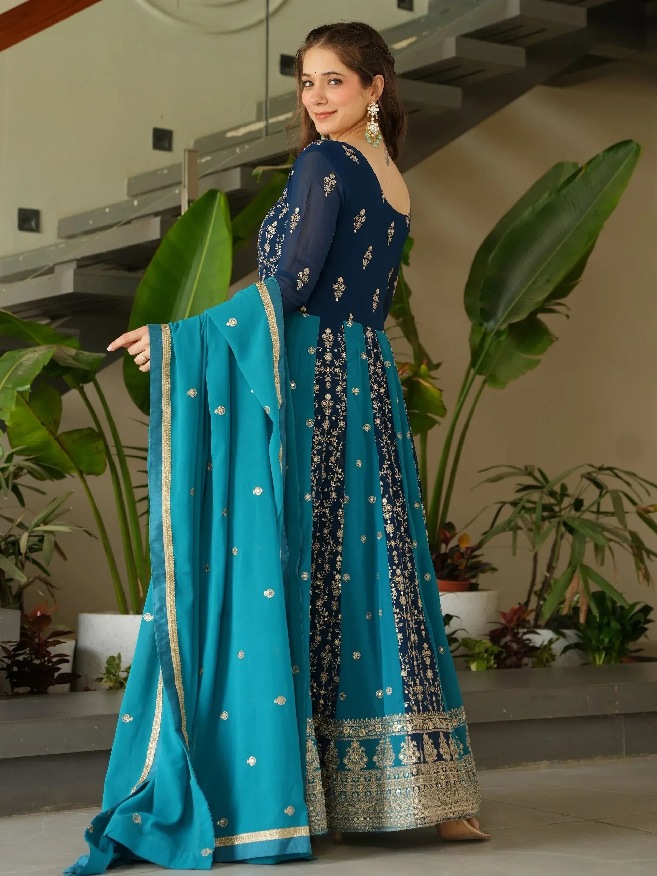 Blue and teal embroidered anarkali suit with gold detailing, perfect for Indian ethnic wear occasions