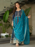 Gorgeous Rama Blue Georgette Zari Embroidered Gown With Dupatta