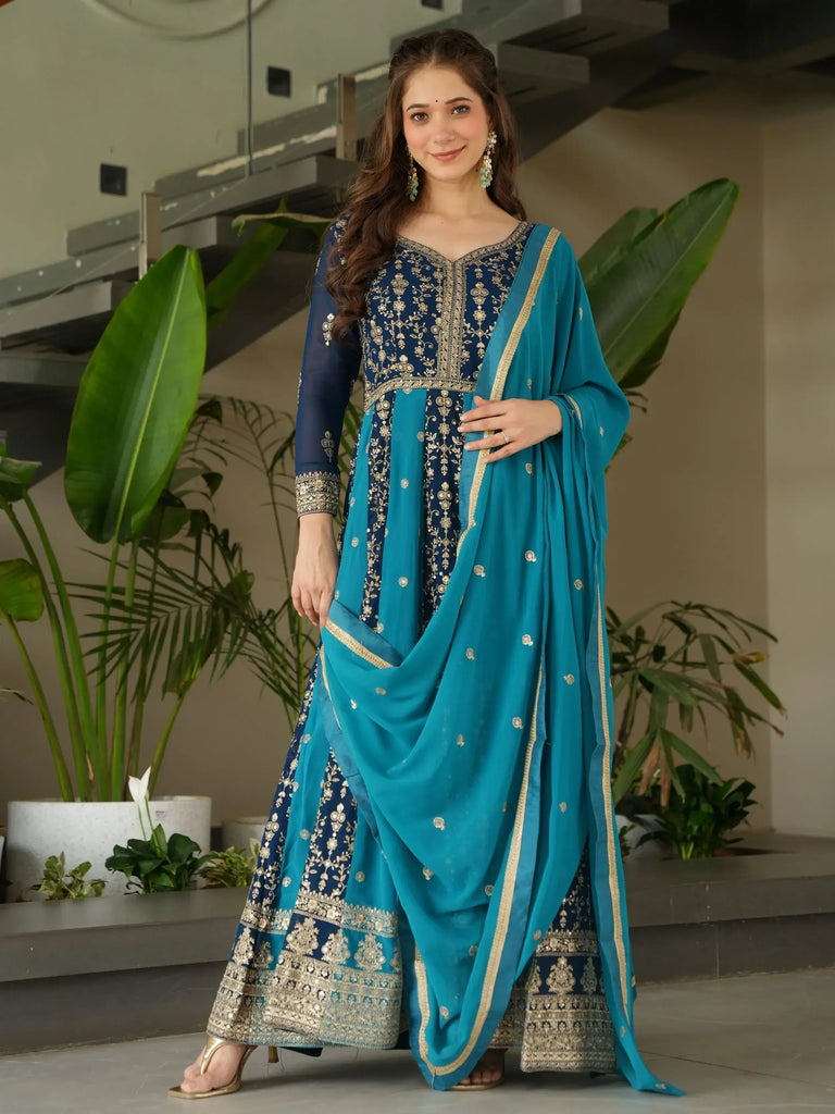 Gorgeous Rama Blue Georgette Zari Embroidered Gown With Dupatta
