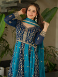 Gorgeous Rama Blue Georgette Zari Embroidered Gown With Dupatta