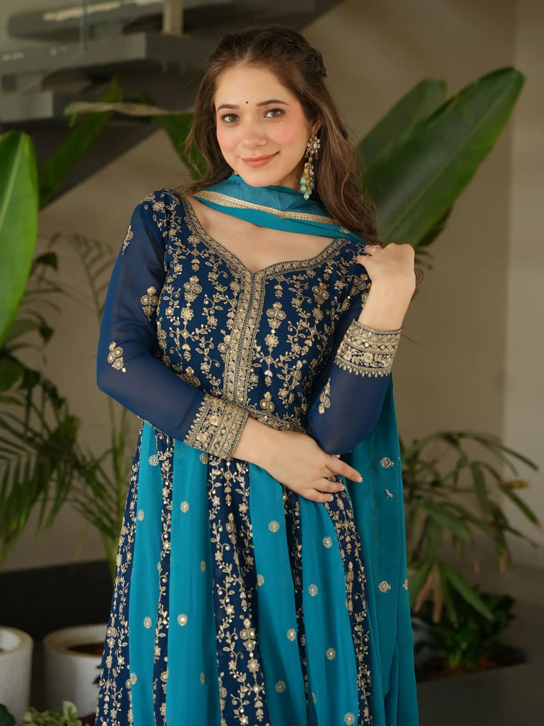 Gorgeous Rama Blue Georgette Zari Embroidered Gown With Dupatta