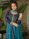 Gorgeous Rama Blue Georgette Zari Embroidered Gown With Dupatta