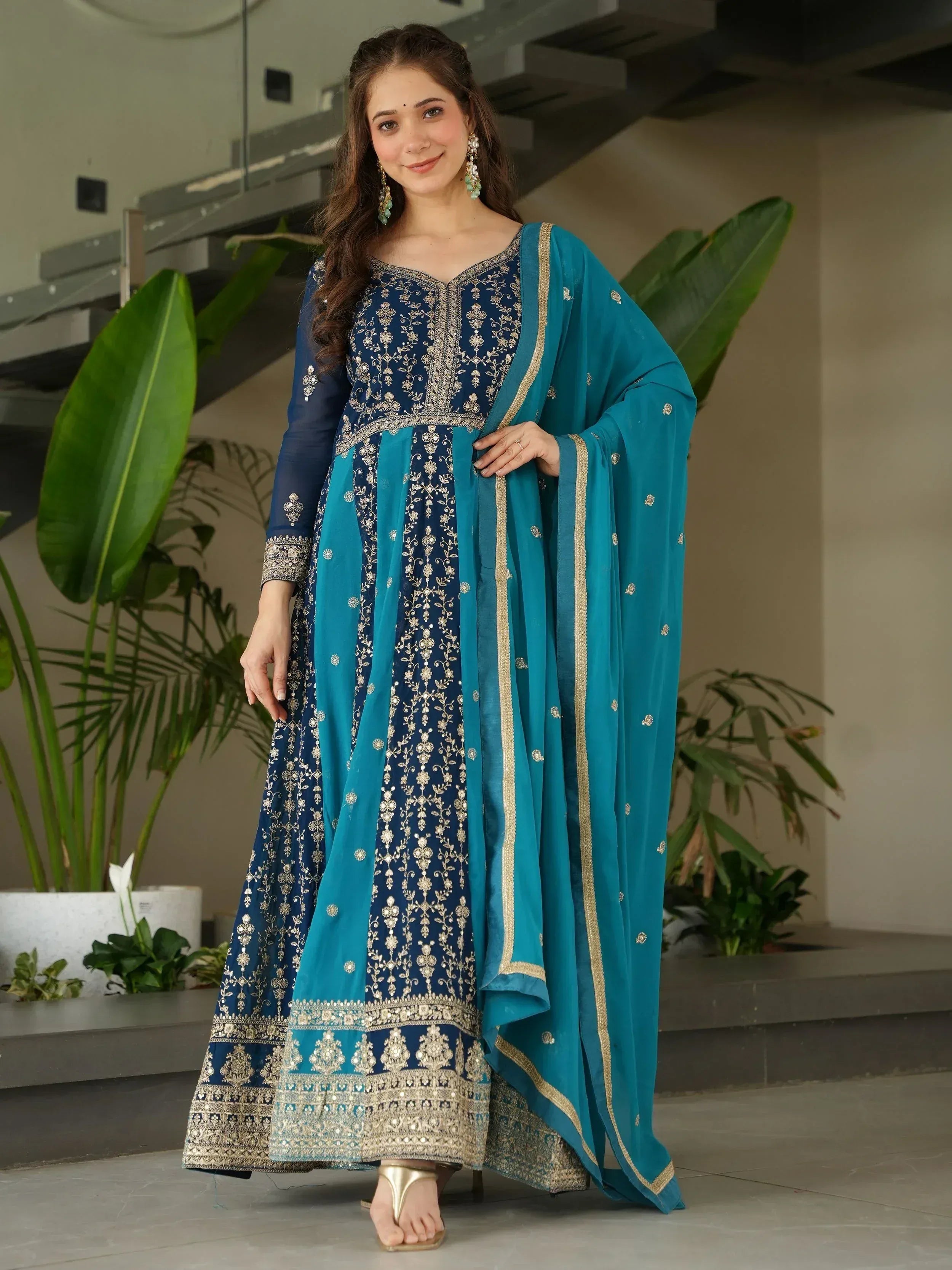 Blue embroidered anarkali with teal dupatta, Indian ethnic wear for women