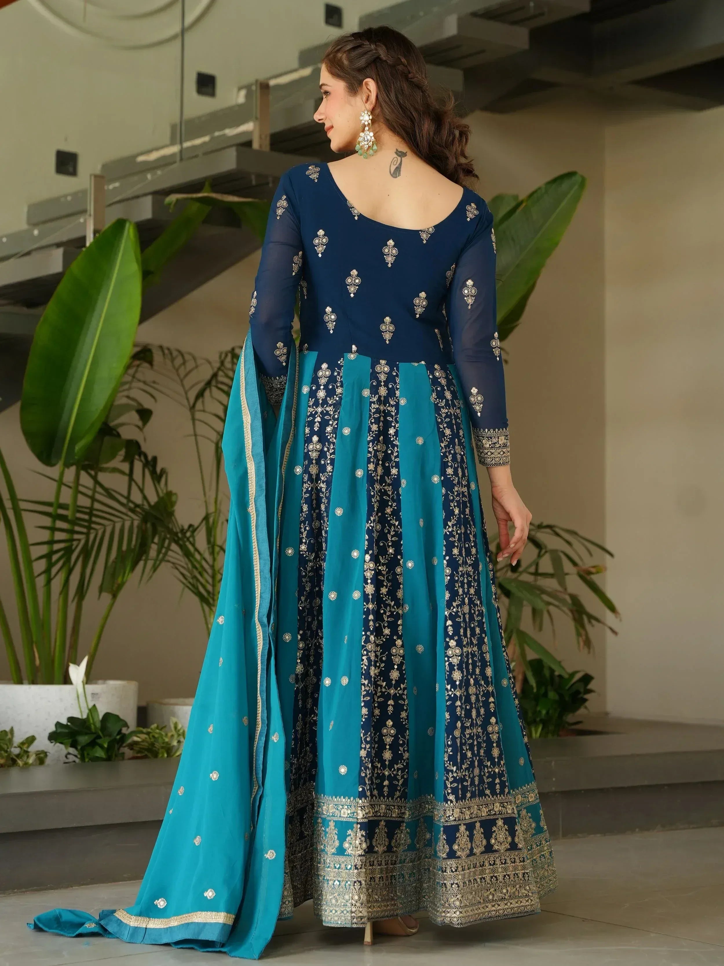 Blue and teal embroidered anarkali suit with gold detailing, perfect for Indian ethnic wear occasions