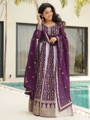 Glamorous Wine Embroidered Function Wear Gown With Dupatta