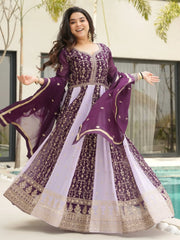 Glamorous Wine Embroidered Function Wear Gown With Dupatta