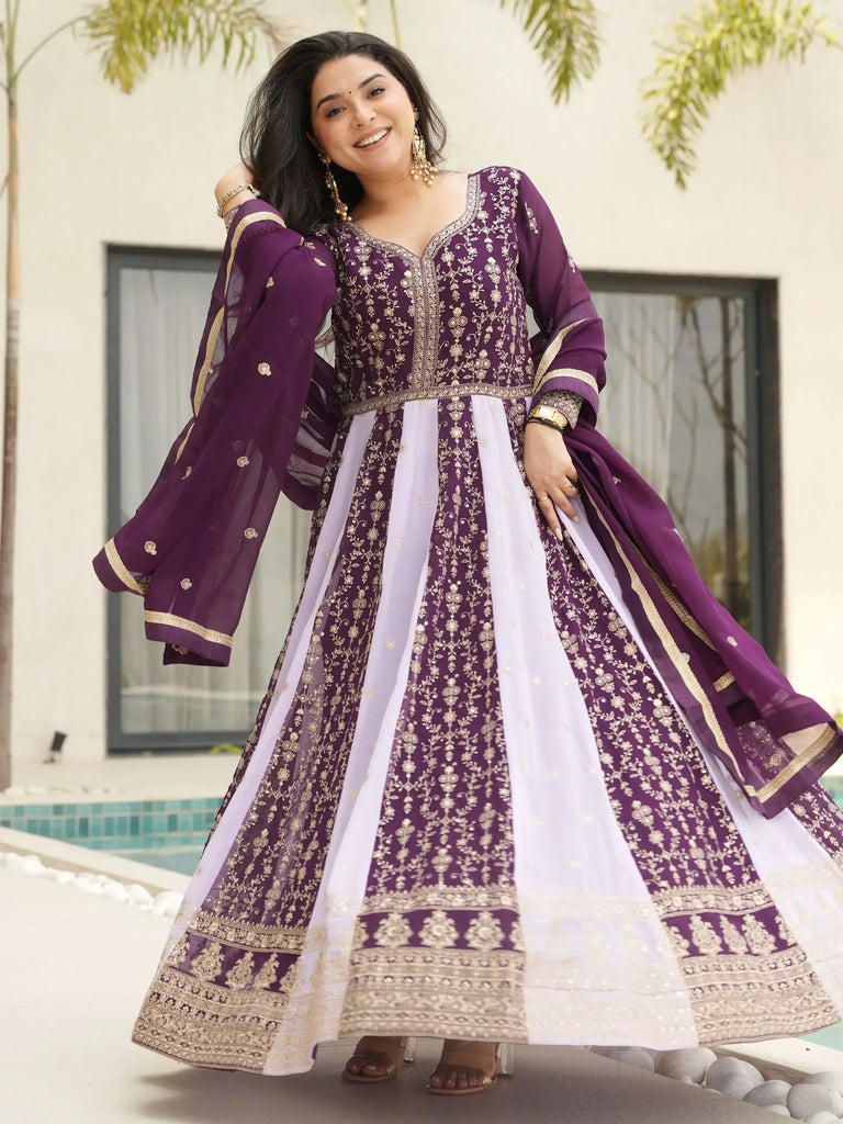 Glamorous Wine Embroidered Function Wear Gown With Dupatta
