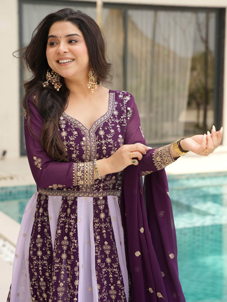 Glamorous Wine Embroidered Function Wear Gown With Dupatta