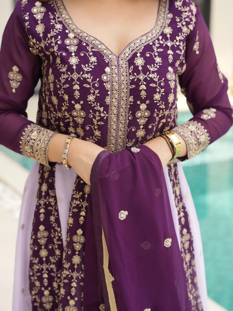Glamorous Wine Embroidered Function Wear Gown With Dupatta