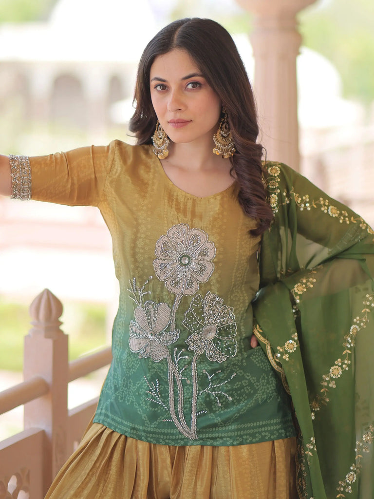 Dazzling Green Chinon Beads Work Mehendi Wear Palazzo Suit