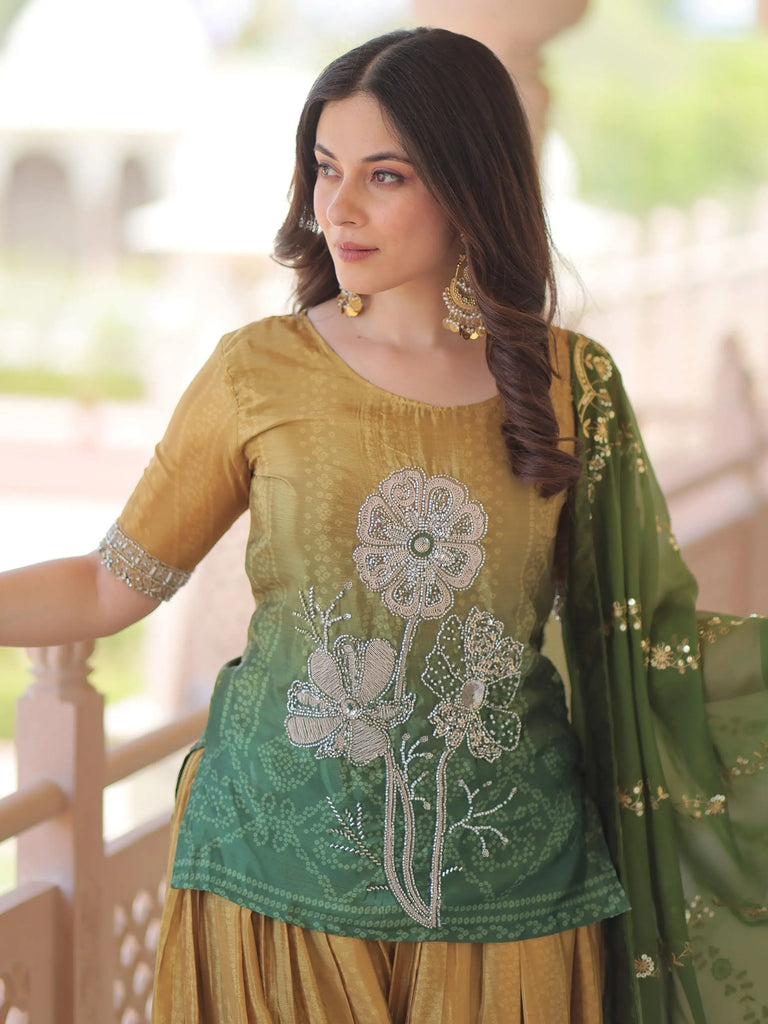 Dazzling Green Chinon Beads Work Mehendi Wear Palazzo Suit